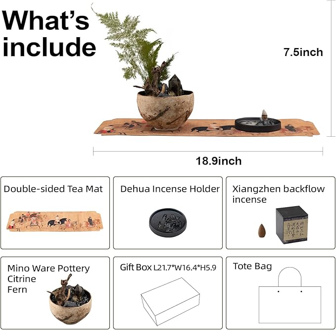 Cloud Ridge Tabletop Décor Set – Congolese Citrine & Fern, Dehua Incense Holder, Tang Dynasty Tea Mat & Natural Aromatics – Meditation, Feng Shui & Healing Crystal Gift