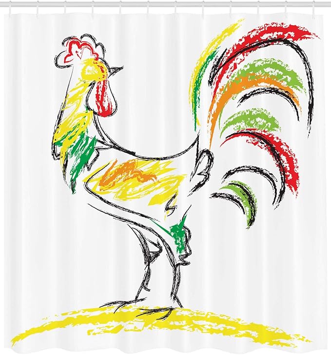 Ambesonne Gallus Shower Curtain, Rooster Chicken Tail Farm Animal Oil Pencil Drawing Effect Art, Cloth Fabric Bathroom Decor Set with Hooks, 69" W x 70" L, Yellow Black
