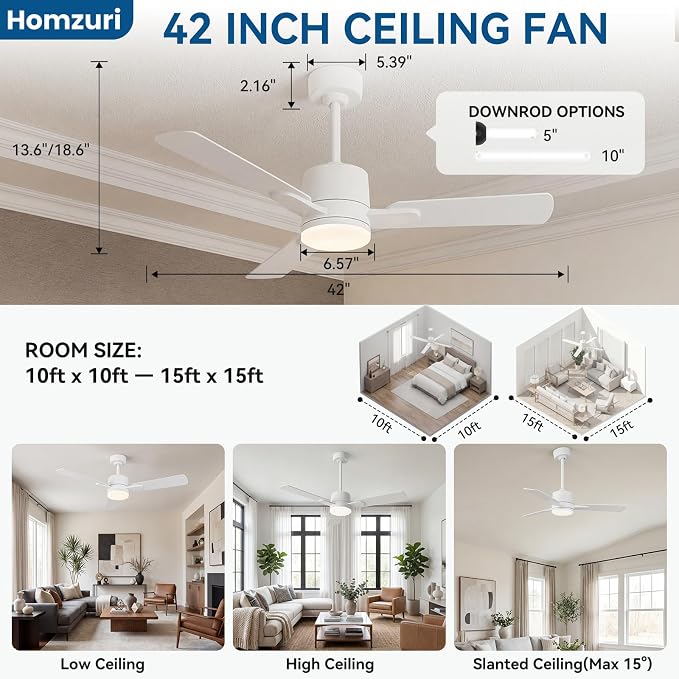 42" Ceiling Fan with Light and Remote, 6 Speed, Reversible Quiet DC Motor, 3CCT & Dimmable, Fast Install, Dual Finish 3 Blades Downrod Ceiling Fan with Lights for Bedroom, Living Room, Apartment