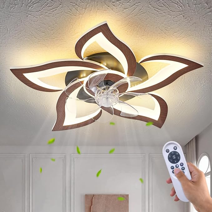 Dalouguan 24" Ceiling Fan with Lights Remote Control, Wooden Geometric 6 Speeds 3 Light Color Low Profile Flush Mount Ceiling Fan for Kitchen Bedroom