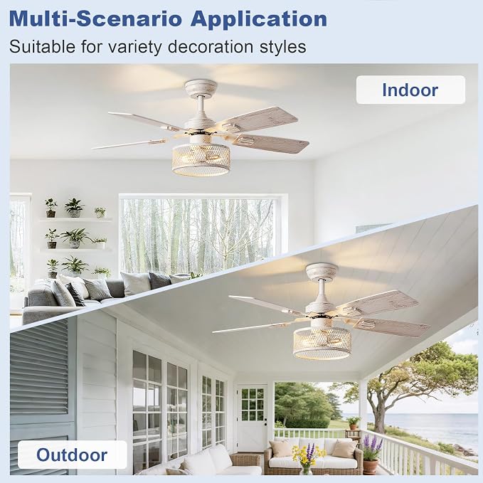 Depuley 42-Inch Ceiling Fans with Lights: Caged Ceiling Fans Dual Finish 5 Blades - Rustic Ceiling Fan with Remote Control for Farmhouse Living Room Outdoor Porch Noiseless (White Grey)