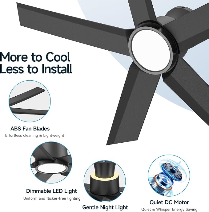 ocioc 52 Inch Ceiling Fans with Lights, Large Air Volume Ceiling Fan with Backlight, Ultra Quiet Reversible DC Motor with Remote（Black）