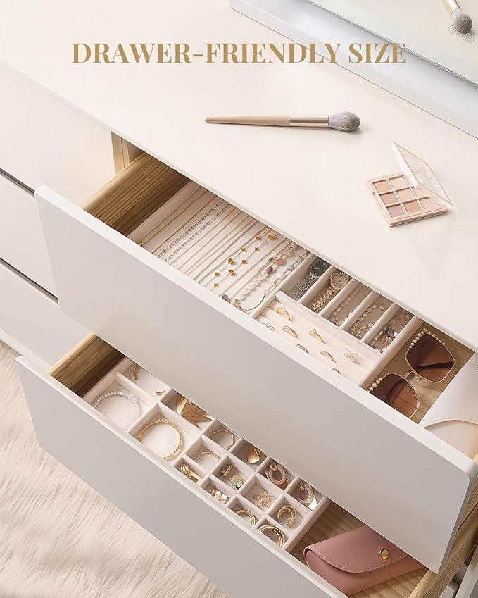 Lolalet Jewelry Drawer Organizer Inserts, Stackable Velvet Tray Jewelry Storage Organizers Set Display Cases for Necklaces Bracelets Earrings Rings Chains Bangles Watches, Beige, Set of 2