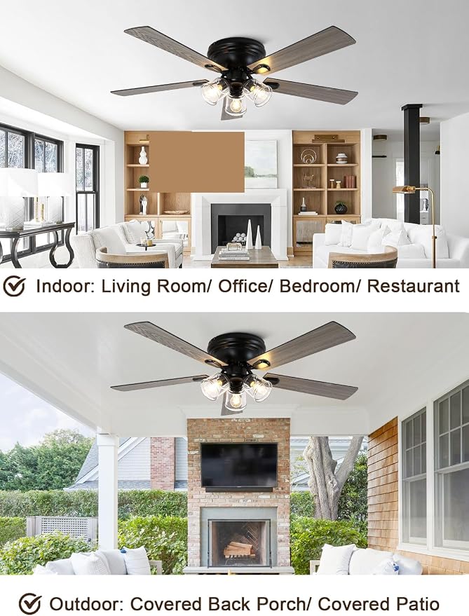 52 Inch Flush Mount Farmhouse Ceiling Fan with Lights and Remote | Rustic Fandelier Ceiling Fan, Low Profile Chandelier, 5 Dual Blade, for Bedroom Living Room, Reversible DC Motor 6 Speeds