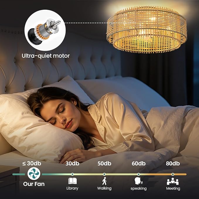 KAISITE Boho Caged Ceiling Fan with Light and Remote Control 19" Rattan Fandelier 6 Speeds Low Profile Bladeless Ceiling Fan Flush Mount Chandelier Fan for Bedroom Living Room