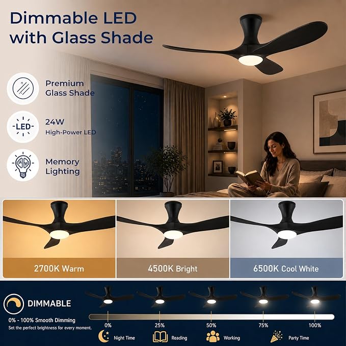 52 inch Smart Flush Mount Ceiling Fans with Lights, Low Profile Ceiling Fan with WIFI Alexa and App Remote Control, Quiet DC Motor, 3 Blades Wood Modern fan for Indoor Outdoor Bedroom Patio, Black