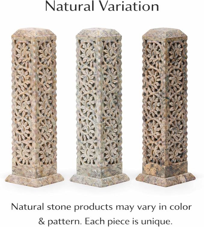 Carry Me Handmade Marble Soapstone Incense Stick Burner | Candle Stick Holder | Tea Light Stand - Perfect Incense Tower for Gifting. Decorative Home and Kitchen Decor (3 x 3 x 11 Inches)