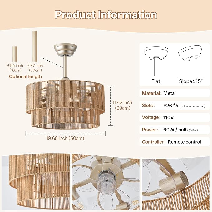 20" Caged Boho Ceiling Fans with Lights, Rattan Fandelier Chandelier Ceiling Fan with Light Remote Control with 6 Speeds for Bedroom, Nursery