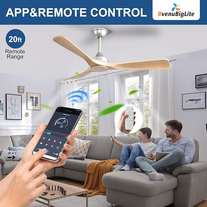 Ceiling Fan Without Light: 52 Inch 3 Blade Indoor Outdoor Fan for Patios - Wood Ceiling Fan No Light Remote APP Control Reversible 6 Speed Timer Noiseless