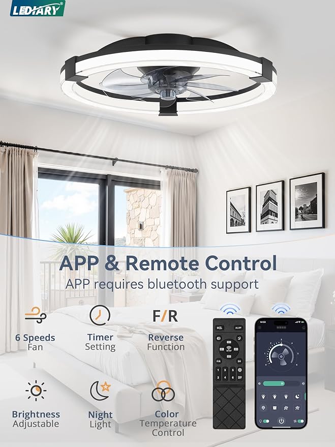 LEDIARY Ceiling Fans with Lights, 20 Inch Low Profile Ceiling Fan with Remote, 6 Speeds, Reversible, Dimmable Flush Mount Fan Light, Modern Fandelier Ceiling Fan with Lights for Bedroom, Black