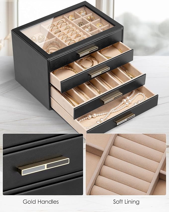 VLANDO 4 Layer Jewelry Box for Women, Glass Lid Jewelry Organizer with 4 Drawers for Necklaces Rings Earrings Bracelets - Black