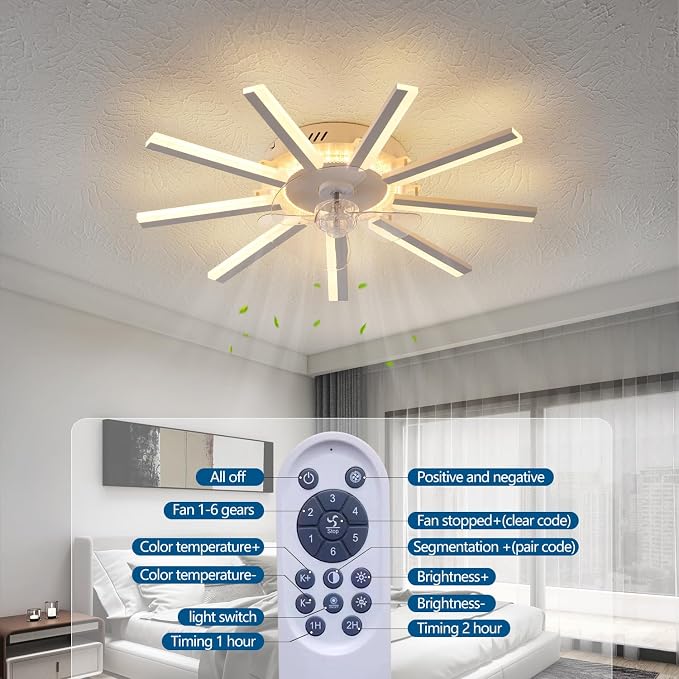 Modern LED Ceiling Fan with Light, 30" Low Profile Flush Mount Ceiling Fan with Remote & APP Control, Dimmable Smart Fandelier with 6 Speeds for Bedroom Living Room Dining Room (White)