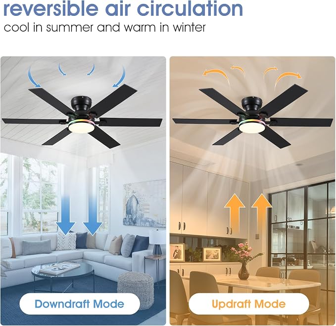 52"6-Blade Black Modern Low Profile RGB Ceiling Fans with Lights and Remote | 14 RGB Modes ,6 Wind Speeds, Reversible, Dimmable 3 Light Colors LED Light, Noiseless Quiet DC Motor,6 Double-Sided Blades