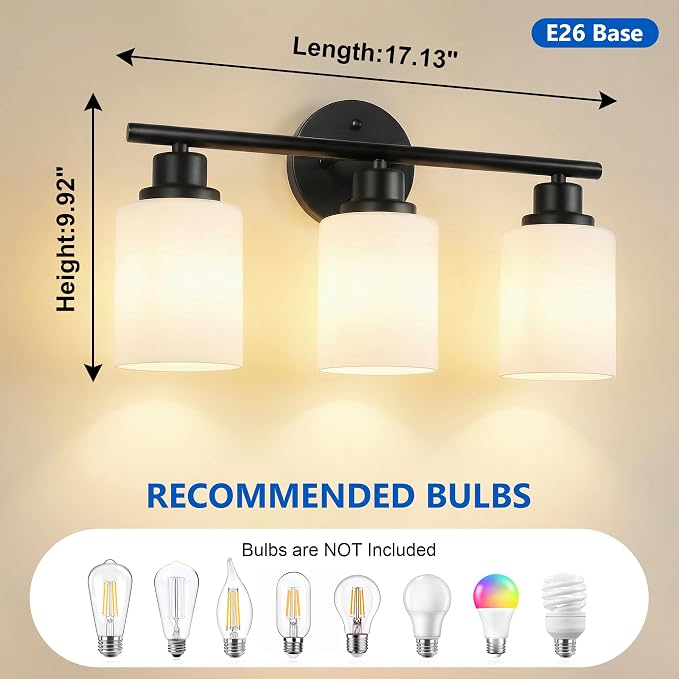 Unicozin 3 Light Bathroom Light Fixtures, Modern Vanity Lights with Milky Glass Shade, Black Wall Lamp Over Mirror for Bathroom, Living Room, Cabinet, Bedroom, E26 Base
