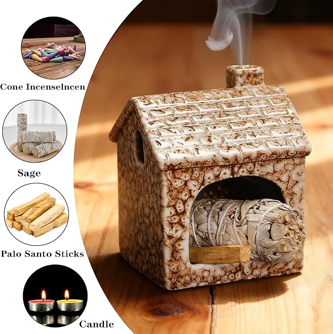 Ceramic Mini Chiminea Palo Santo Burner | Sage & Incense Cone Holder | Stable Smudge Bowl for Zen Altar, Meditation, Yoga | Home Decor & Gift (Brown)