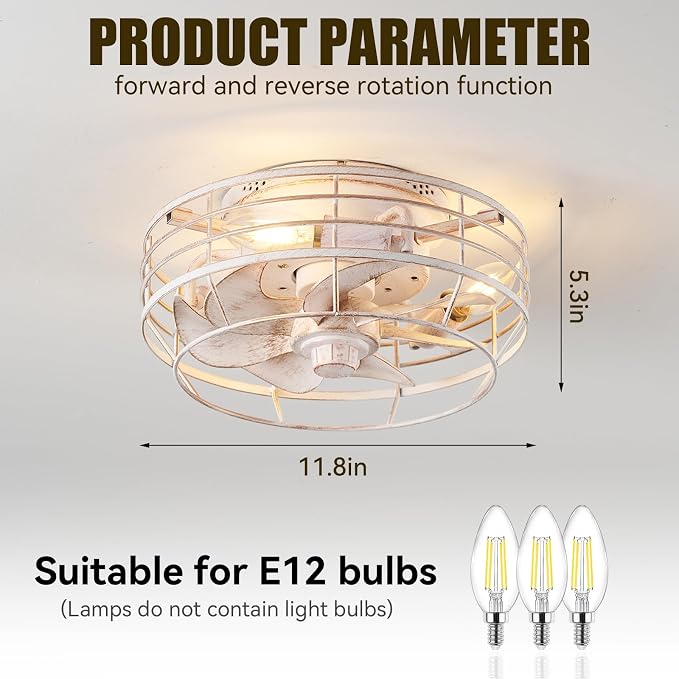 Ceiling Fan with Light and Remote, Modern Flush Mount Fan Lights Cage Ceiling Fixture, Bladeless 12 in 6 Speeds Fans with Lights for Kitchen Bedroom Living Room, White and Gold