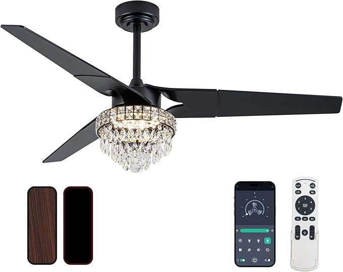 Chandelier Ceiling Fans With Lights And Remote, Chandelier Fan Ceiling,Crystal Ceiling Fan Fandelier With Lights,6 Speed 3 Timer Quiet Ceiling With Fans For Living Room Bedroom (Black, 52 In'ch)