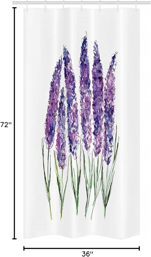 Ambesonne Watercolor Flower Stall Shower Curtain, Illustration of Lavender Flowers Fresh Colors Mint Family Plant, Fabric Bathroom Decor Set with Hooks, 36" W x 72" L, Violet White
