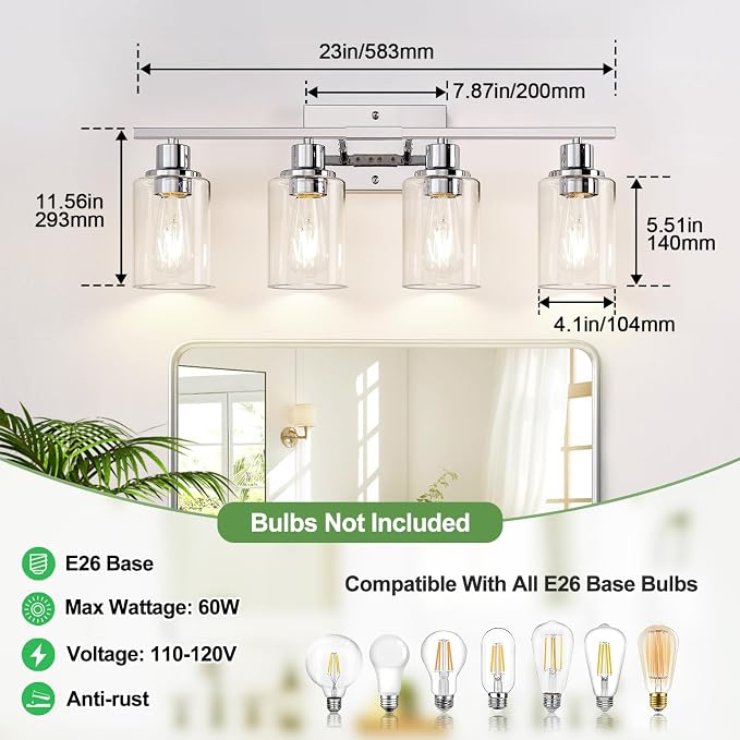 Indoi 4-Light Bathroom Light Fixtures, Chrome Modern Vanity Lights with Clear Glass Shades, Bathroom Wall Lamp for Mirror Living Room Cabinet Bedroom Porch