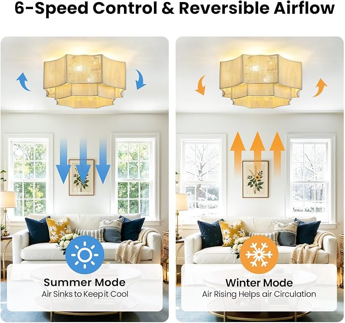 Boho Ceiling Fan with Light, 20'' Flush Mount Caged Ceiling Fan with Light Remote Control, Low Profile Fandelier with 6 Speeds for Bedroom, Living Room