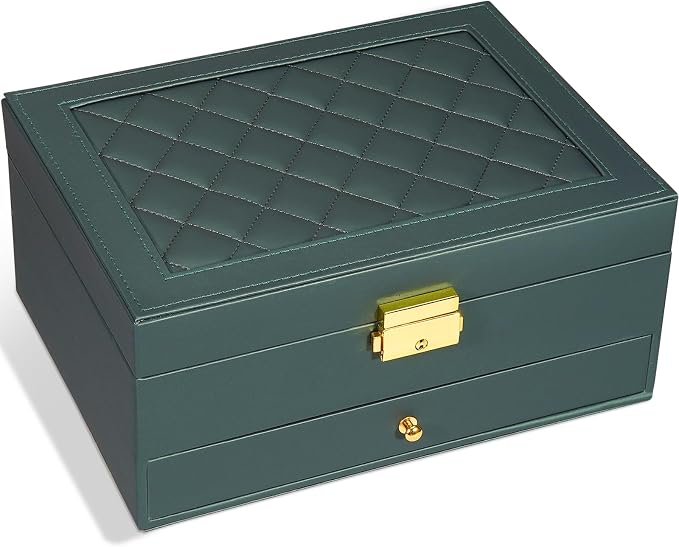 GUOER Jewelry Box for Women Girls, Two Layers Organizer, Hunter Green | Vintage Quilting Stitching PU Leather,Earrings Bracelets Rings Necklace Watches Storage Large Jewellery Holder Case Gifts