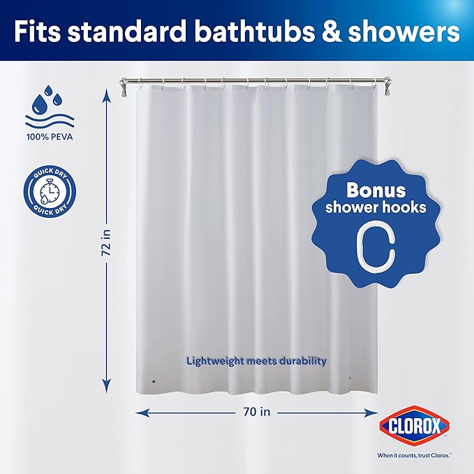 Clorox Shower Curtain Liner & Hooks, Premium Lightweight Flexible Waterproof 4g PEVA for Bathroom with Weighted Magnets, Standard Size 70" x 72", Frosty 1 Pack