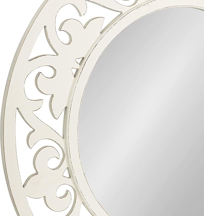 Kate and Laurel Shovali Coastal Round Mirror; 32 Inch Diameter; White; Decadent Wall Decor with Ornate Wood-Carved Frame