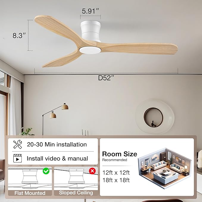 52" Wood Smart Ceiling Fans with Lights Remote,Low Profile Flush Mount Ceiling Fan for Modern Bedroom Patio,Alexa&App Control,Outdoor Indoor Use,Natural Wood&White,3 Blades,Dimmable,Ultra-Quiet