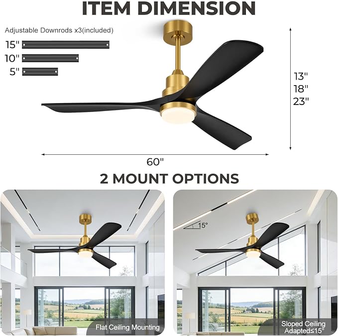 60 inch Smart Ceiling Fan with Lights,Outdoor Ceiling Fan 3 Wood Blades Compatible with Alexa/Gg Voice Control&App&Remote,Quiet DC Motor for Covered Patio Porch Bedroom,Black and Gold