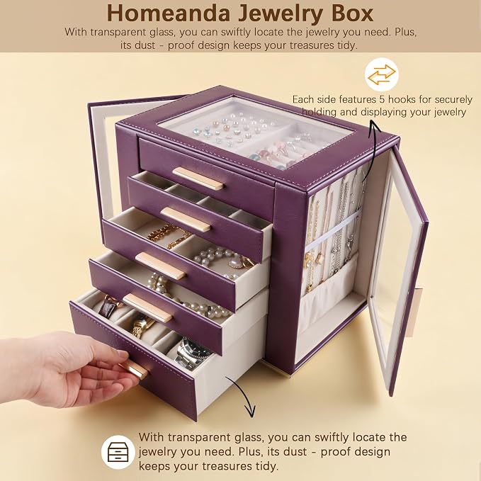 Homeanda Jewelry Box for Women with Glass Lid, 5 Drawers Jewelry Organizer and Storage for Necklaces, Rings, Earrings, Bracelets, Gift for Girls and Teens,PU Leather (Purple)