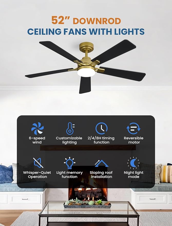 52 Inch Ceiling Fan with Lights and Remote, Downrod Mount, Sloped Ceiling Compatible up to 15°, Quiet Reversible DC Motor, 3CCT Dimmable LED, Gold Ceiling Fan for Bedroom Living Room