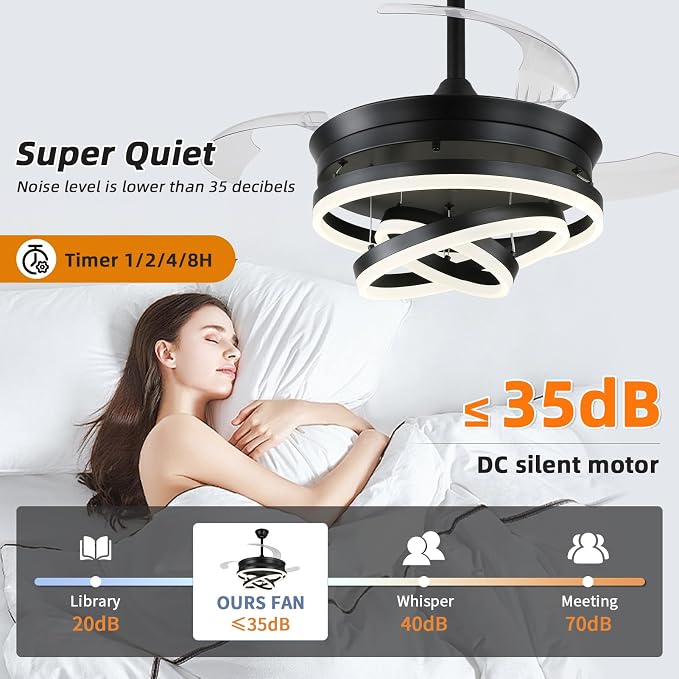 Retractable Ceiling Fan with Lights,Dimmable,6 speeds,DC Motor,36 inch Modern DIY Black Ceiling Fan with Lights Remote Control for Bedroom Living Room Kitchen