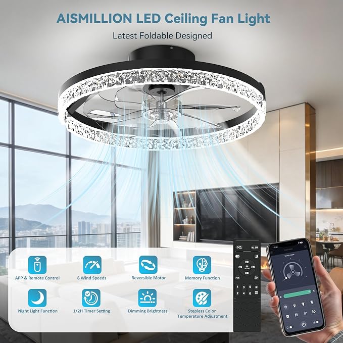 Ceiling Fans with Lights and Remote, 20" Low Profile Flush Mount Ceiling Fan, 3000-6500K Dimmable LED Fandelier, 6 Quiet Speeds for Bedroom