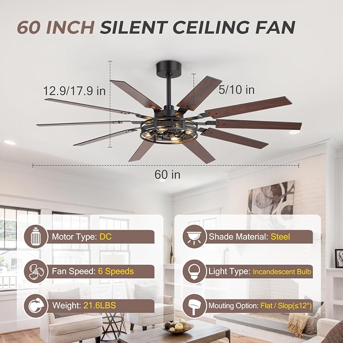 60 Inch Farmhouse Ceiling Fans with Rustic Lights, Caged Ceiling Fans with Remote, Industrial Ceiling Fan with Reversible DC Motor, Antique Downrod Mount Fan with Chandelier for Living Room Bedroom