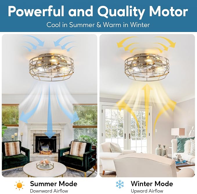 Caged Ceiling Fan with Light and Remote, Flush Mount Fan Lights Ceiling Fixture, Modern Bladeless 12 in 6 Speeds Fans with Lights for Kitchen, Bedroom, Living Room, Brushed Nickel