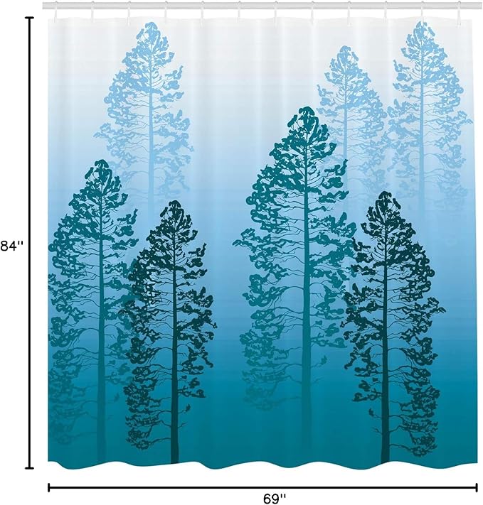 Ambesonne Country Shower Curtain, Pine Trees in The Forest on Foggy Seem Ombre Backdrop Wildlife Adventure Artwork, Cloth Fabric Bathroom Decor Set with Hooks, 69" W x 84" L, Azure Blue