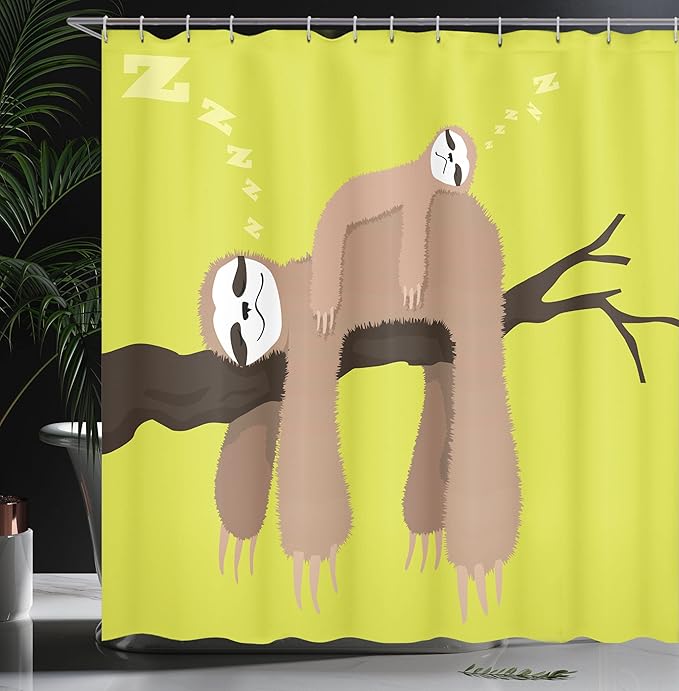 Ambesonne Sloth Shower Curtain, Cartoon Mother Sleeping on Branch Animal on Her Back Carefree Family, Cloth Fabric Bathroom Decor Set with Hooks, 69" W x 84" L, Cocoa Apple Green