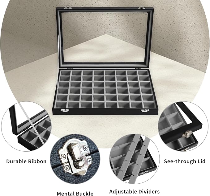 Stratalife 48 Grid Earring Organizer, Jewelry Holder Organizer with Lid | PU Leather Storage Box for Earring, Ring, Studs and Trinkets, Soft Velvet Drawer Organizer for Women, Dustproof, Gray Black