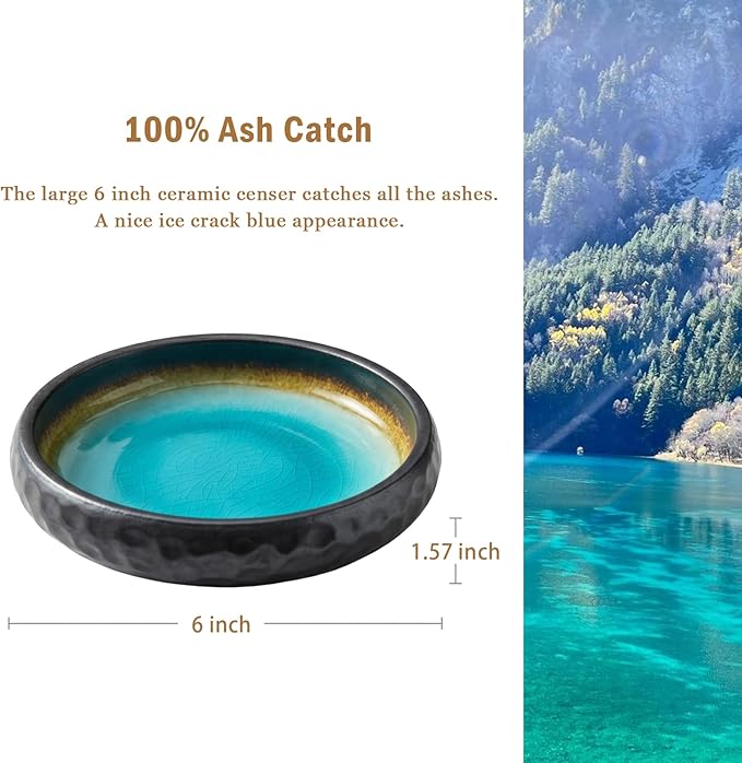 Incense Holder for Sticks,6 Inch Crack Blue Handmade Incense Stick Burner Bowl Ceramic,Cone Incense Holder,Ash Catcher for Meditation,Yoga,Home Décor