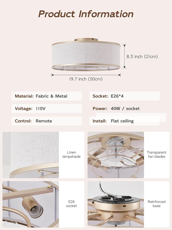 Gold Flush Mount Ceiling Fans with Lights, 20" Caged Boho Ceiling Fan with Light and Remote, Bladeless with 6 Speeds for Bedroom, Nursery, Living Room