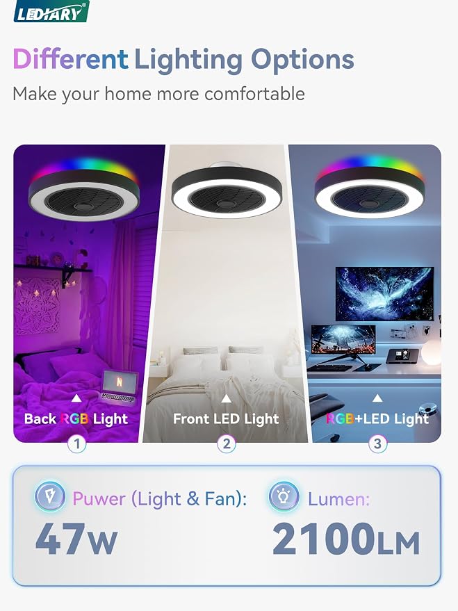 LEDIARY 20 Inch Low Profile Ceiling Fans With Lights, Led Bladeless Ceiling Fan, Remote Control Enclosed Flush Mount Ceiling Fan With Timming, 3000-6000K, 6 Wind Speed, 3000LM, 57W-Black RGB