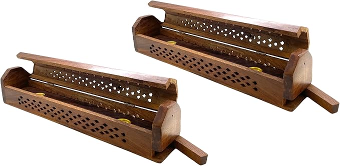 2 Pack Wooden Coffin Incense Sticks Burner - 12 Inches Brass Inlays - Storage Compartment (Net Carving)