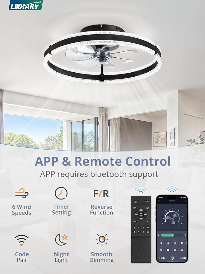 LEDIARY Ceiling Fans with Lights and Remote, 20'' Low Profile Ceiling Fan with Light, 3000-6000K Dimmable Fandelier Ceiling Fans, Modern Flush Mount Fan Light for Bedroom with 6 Wind Speeds- Black
