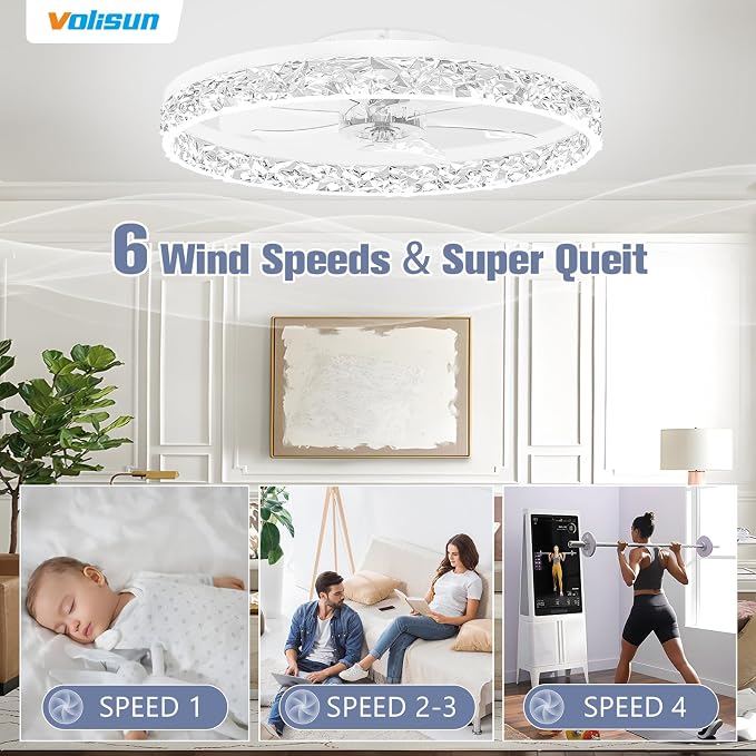 VOLISUN Fandelier Ceiling Fans with Light, 23.6in Low Profile Ceiling Fan with Light and Remote, 3000K-6500K Dimmable Bladeless Ceiling Fan Flush Mount, White Modern Ceiling Fan with Light for Bedroom