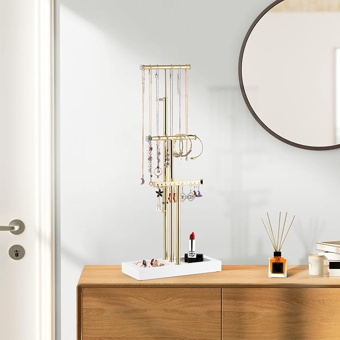 Love-KANKEI 3-Tier Jewelry Organizer Stand,Adjustable Height,White/Gold | Metal Rod,Solid Wood Base,Easy to Install,Tree Style,Display Long Necklaces,Bracelets,Earrings,Rings,Watches,Bangles,Gift