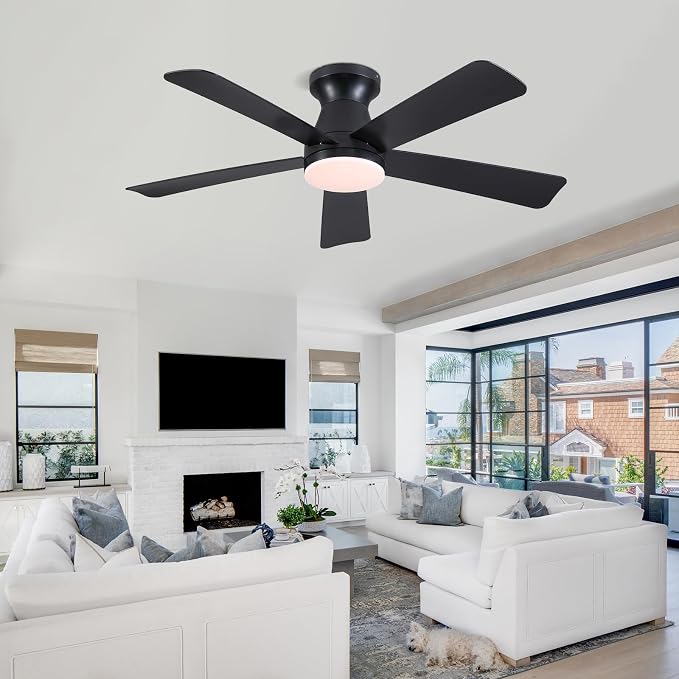 46"Modern Black Low Profile Flush Mount Ceiling Fans with Light and Remote | Super Large Airflow with 6 Wind Speeds, Reversible, Dimmable 3CCT LED Light, Quiet 30W DC Motor,for Bedroom Kitchen