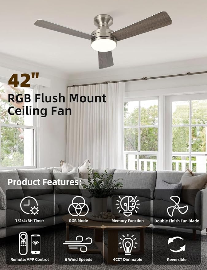 42" RGB Ceiling Fan with Light, Music Sync Smart Fan Works with Alexa/Google Assistant/App, Low Profile Flush Mount, 6-Speed Quiet DC Motor, 4 CCT Dimmable Lighting for Bedroom Living Room