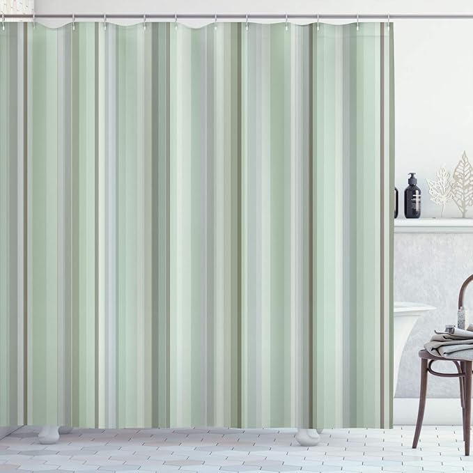 Ambesonne Stripes Shower Curtain, Abstract Ocean Inspired Palette Lines Geometrical Image Illustration, Cloth Fabric Bathroom Decor Set with Hooks, 70" Long, Pale Green