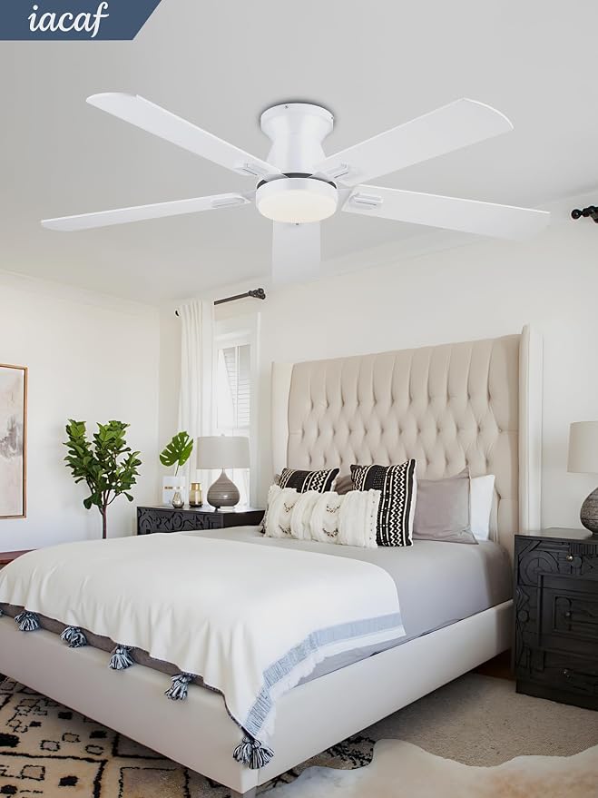 Ceiling Fans with Lights, 52 Inch Ceiling Fan with Light and Remote/APP, Low Profile Ceiling Fan with Light, DC Reversible, 6 Speed Noiseless LED Ceiling Fan, White Small Ceiling Fan for Bedroom