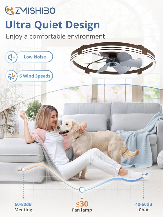 ZMISHIBO 24 Inch Low Profile Ceiling Fans with Lights and Remote, 3000K-6000K Dimmable Fandelier LED Fan Light, Flush Mount Ceiling Fan with Light, 6 Wind Speeds Ceiling Fans for Bedroom- Brown